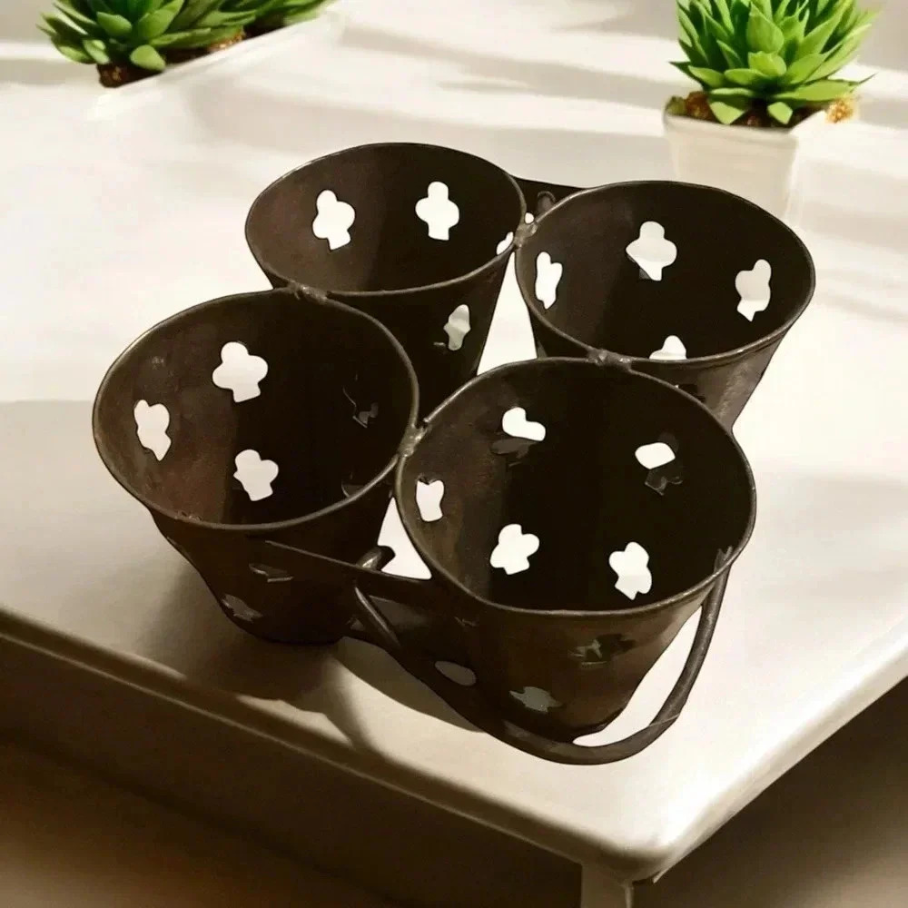 Vintage 4 Tealight Basket Punched Tin Metal Luminaria Candle Holder India